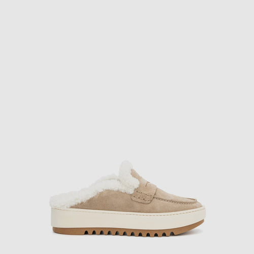 Amata mule in ecru suede with shearling lining