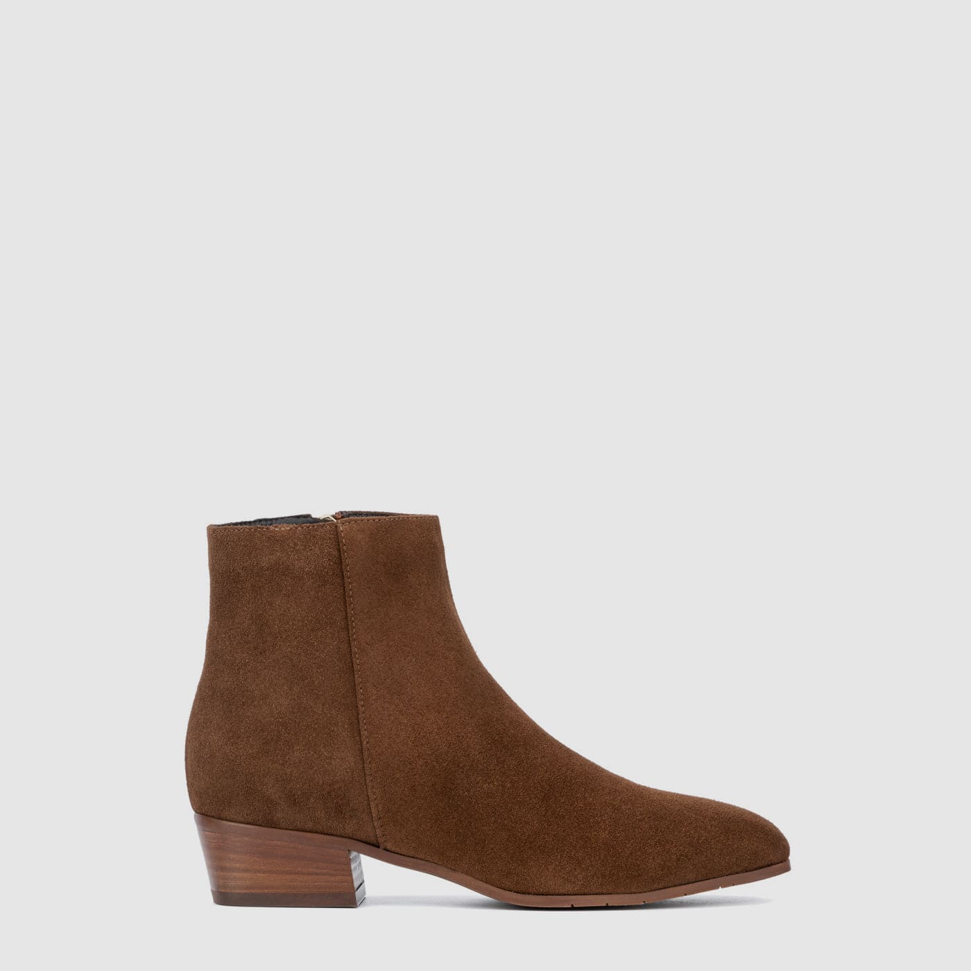 Fuoco ankle boot in brandy suede with a stacked heel