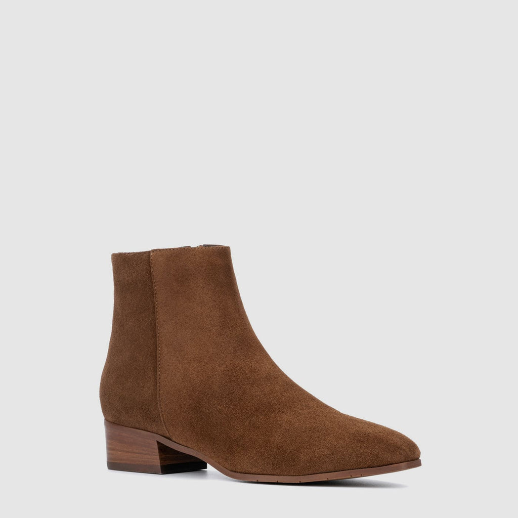Fuoco ankle boot in brandy suede with a stacked heel, alternate view
