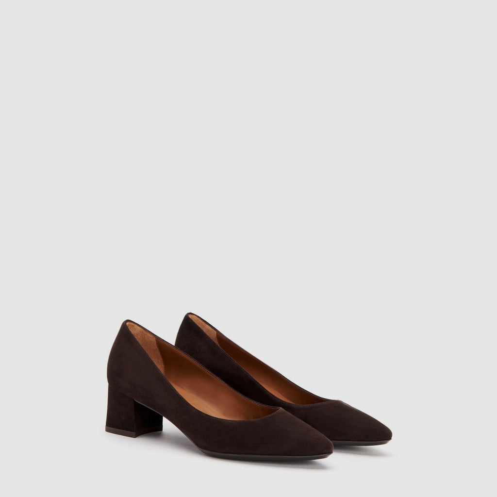 Pasha pump in espresso suede with a covered heel, alternate view