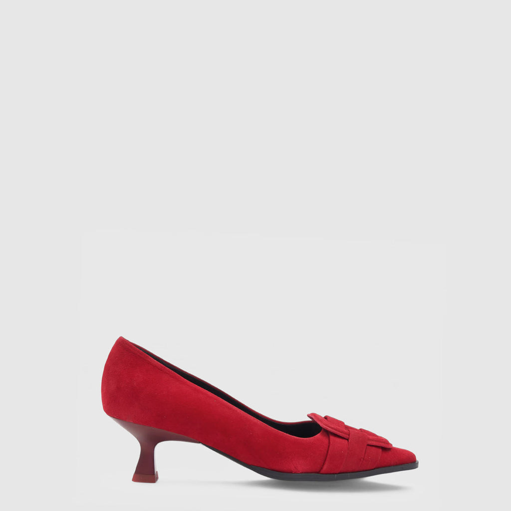Aloha kitten heel pump in cherry suede with a buckle detail