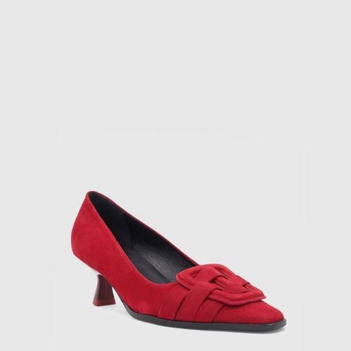 Aloha kitten heel pump in cherry suede with a buckle detail, alternate view