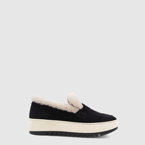 Amelia loafer sneaker in black suede with penny slots