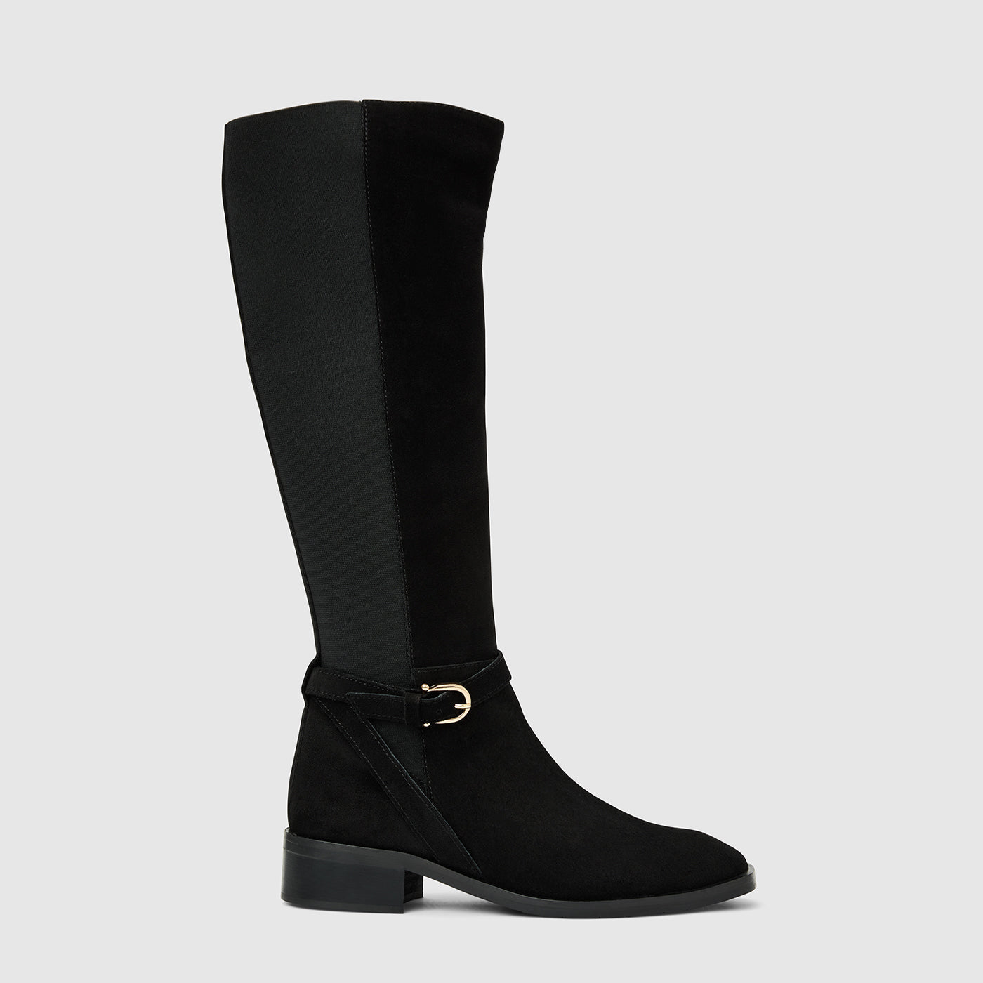 Claudette knee high boot in black suede with a buckle detail