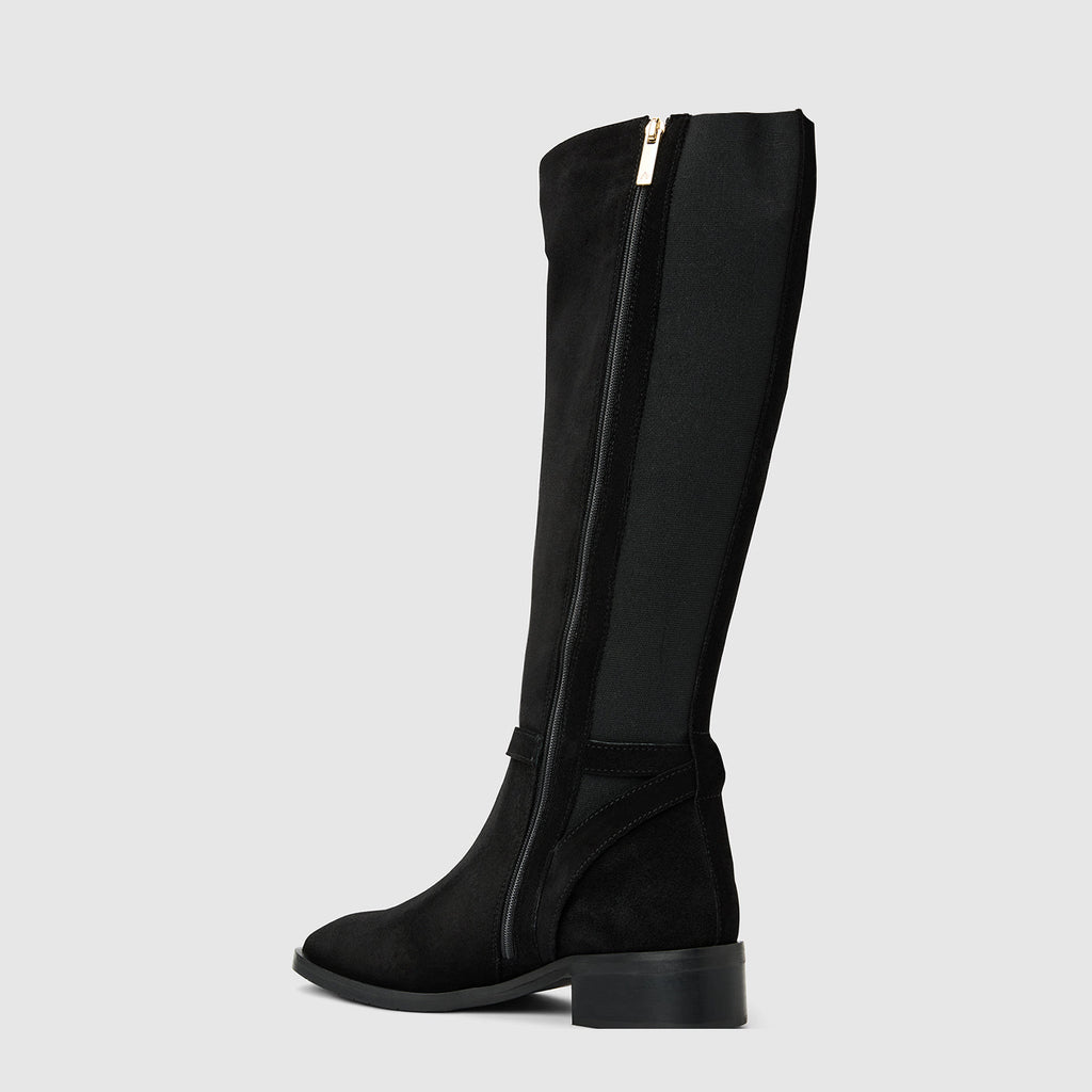Claudette knee high boot in black suede with a buckle detail, alternate view