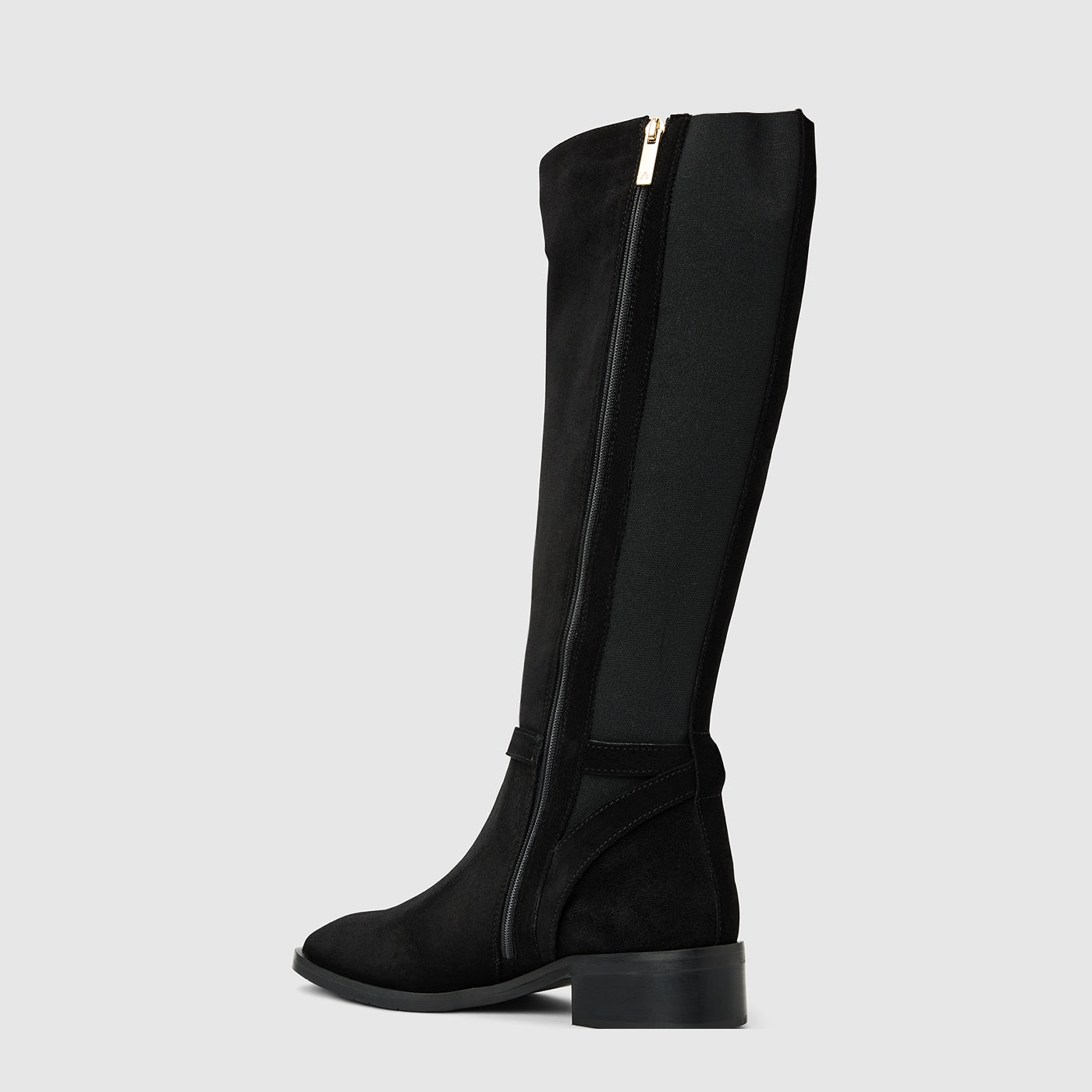 Claudette knee high boot in black suede with a buckle detail, alternate view