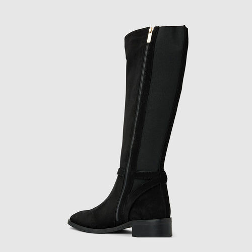 Claudette knee high boot in black suede with a buckle detail, alternate view
