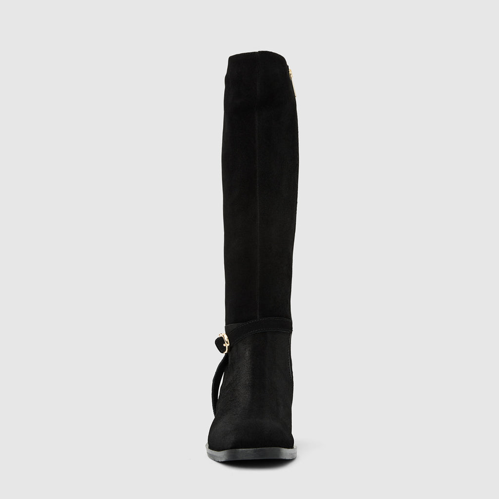 Claudette knee high boot in black suede with a buckle detail, alternate view