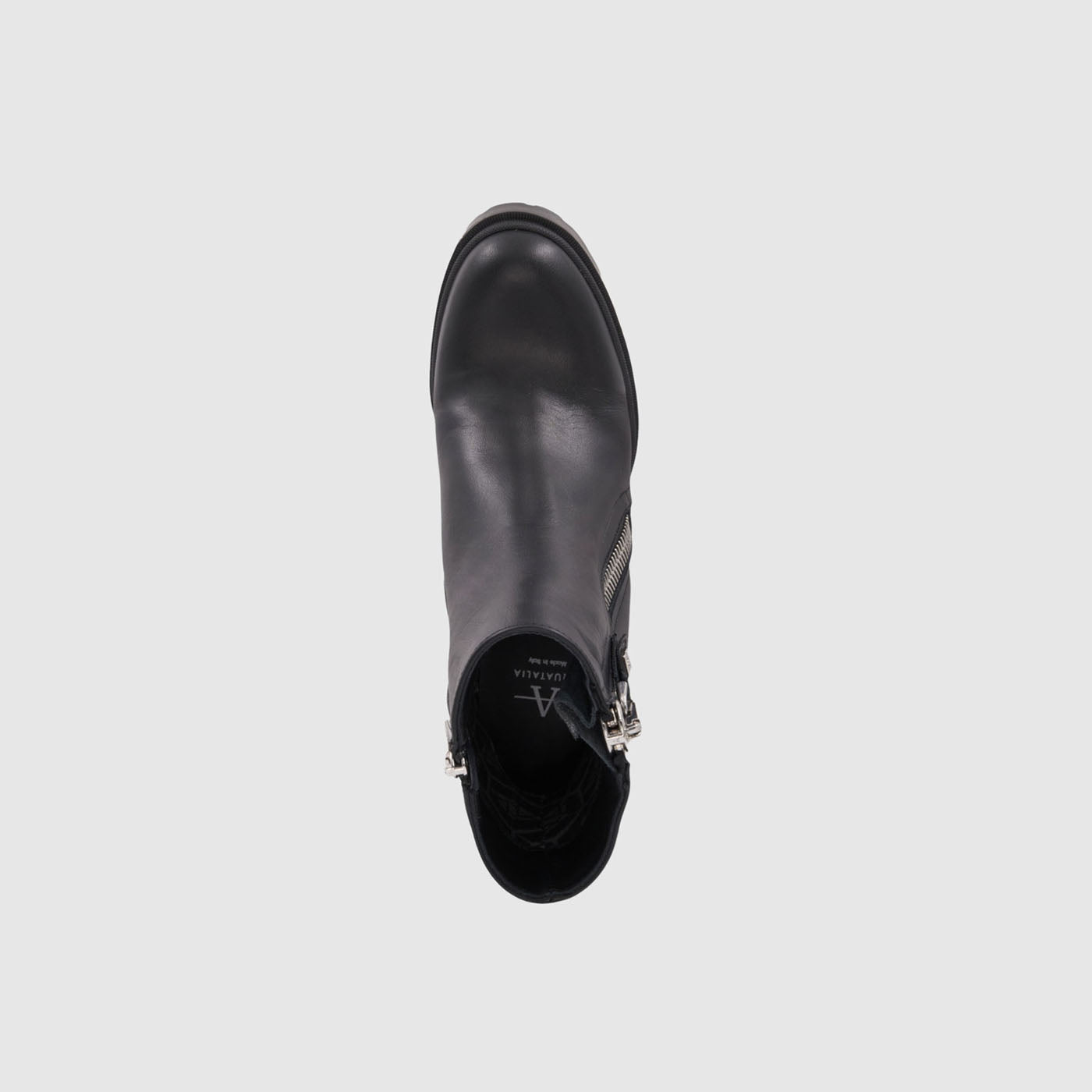 Emma ankle boot in black calf leather with an outside zipper, alternate view