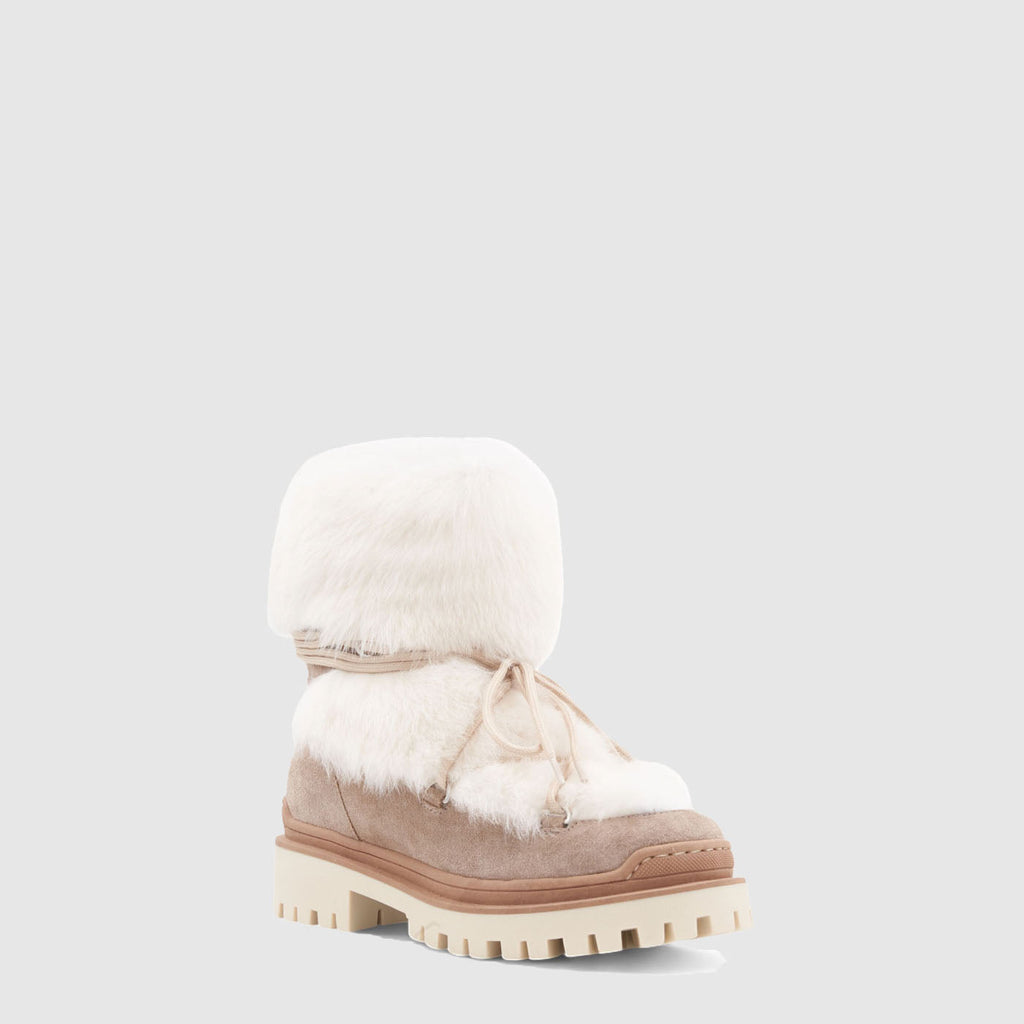 Cinda ankle boot in taupe suede with shearling trim and lug sole, alternate view