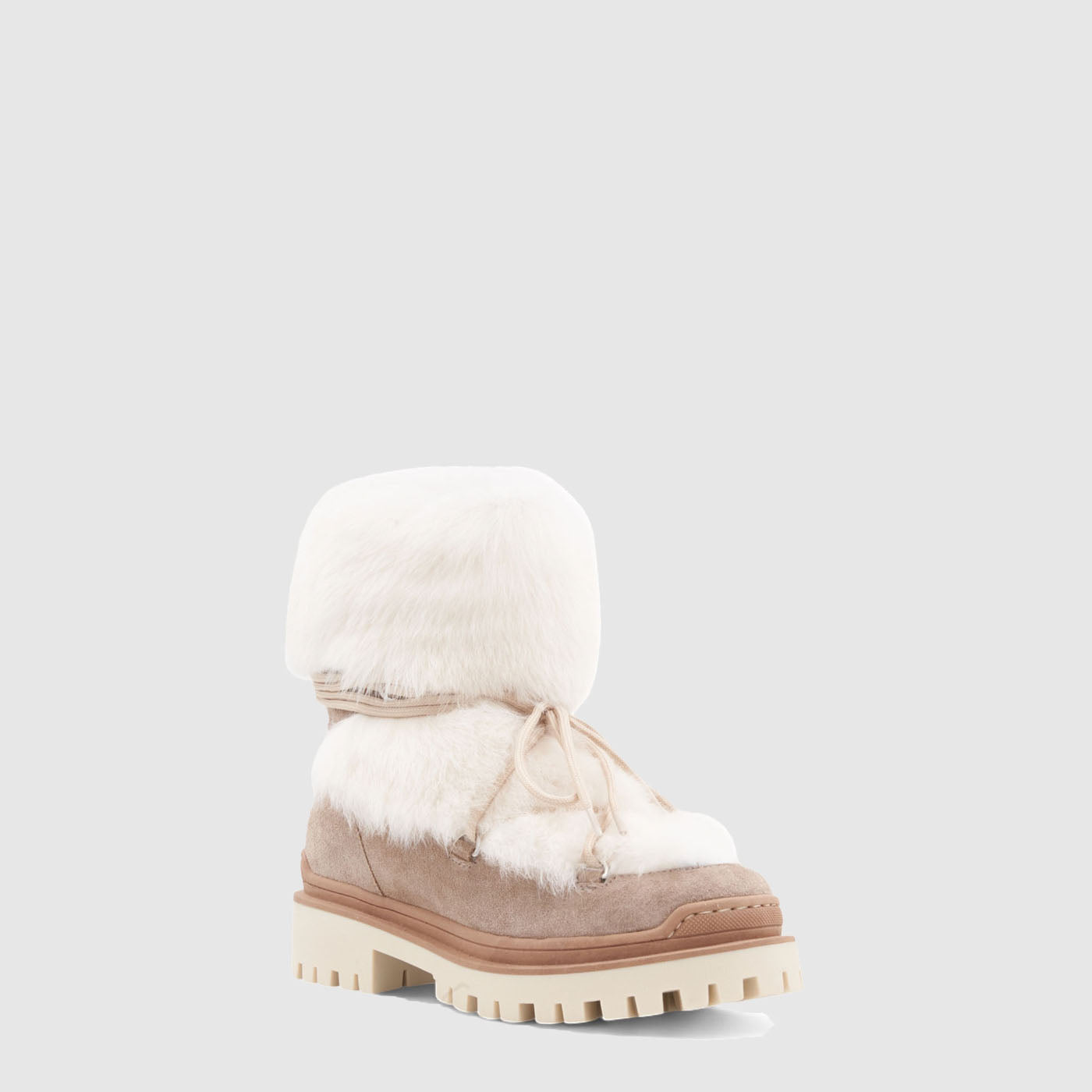 Cinda ankle boot in taupe suede with shearling trim and lug sole, alternate view
