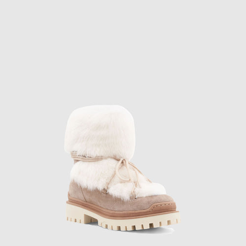 Cinda ankle boot in taupe suede with shearling trim and lug sole, alternate view
