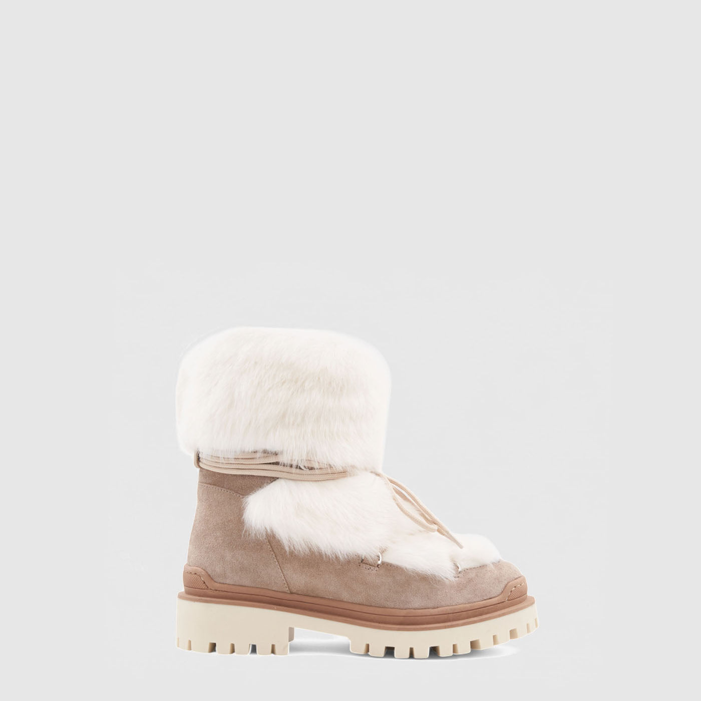 Cinda ankle boot in taupe suede with shearling trim and lug sole