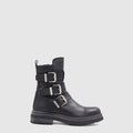 Follina ankle boot in black leather with buckled shaft details