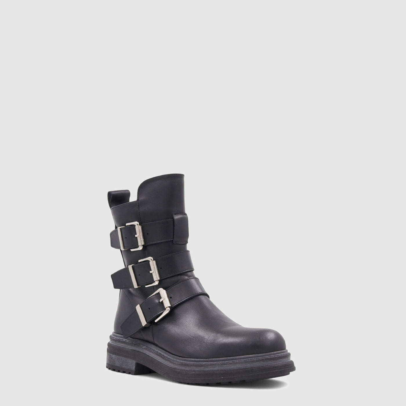 Follina ankle boot in black leather with buckled shaft details, alternate view