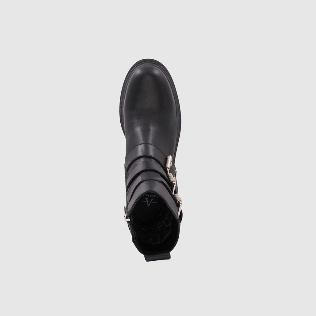 Follina ankle boot in black leather with buckled shaft details, alternate view