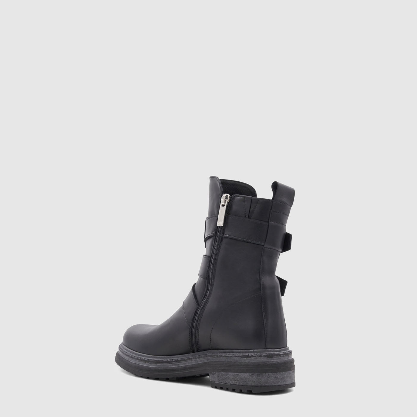 Follina ankle boot in black leather with buckled shaft details, alternate view