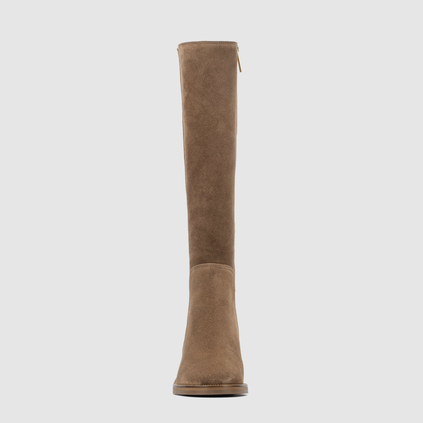 Jasmina knee high boot in champagne suede with a stacked heel, alternate view