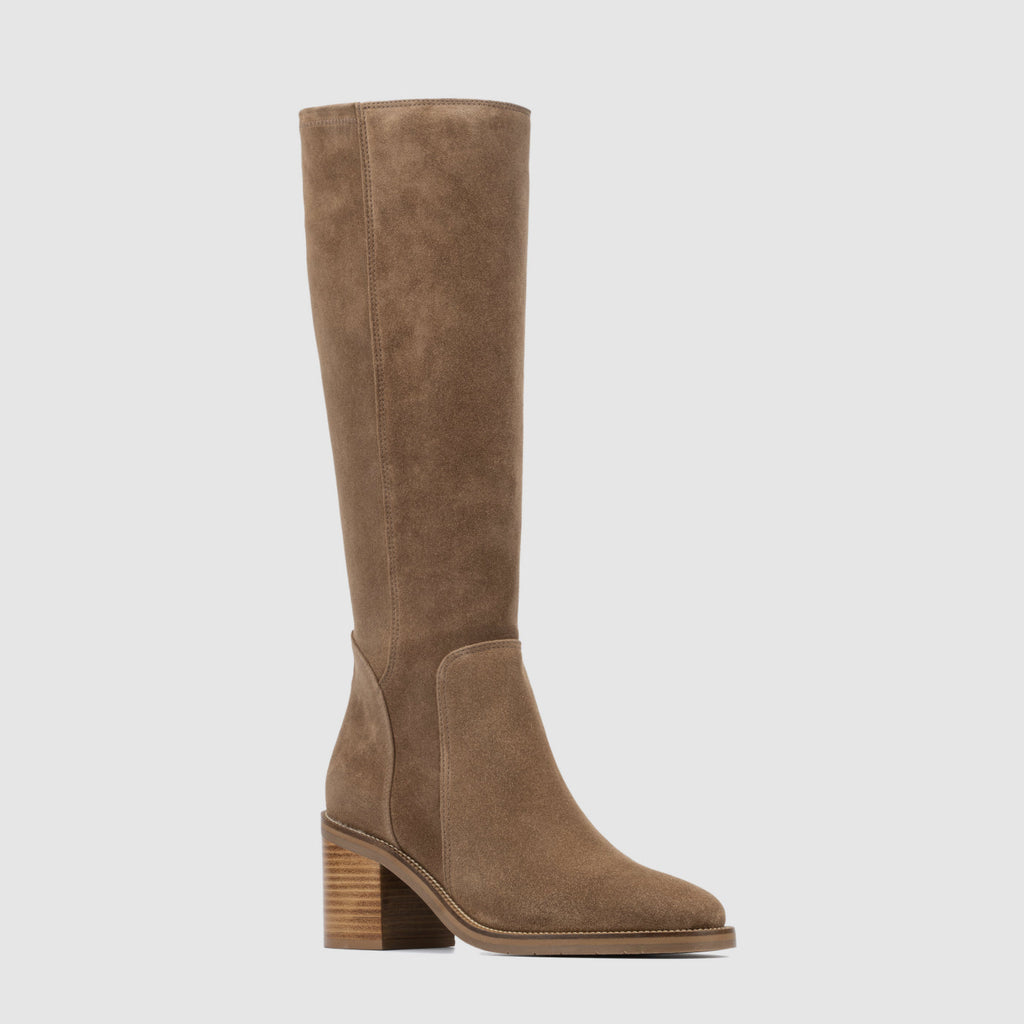 Jasmina knee high boot in champagne suede with a stacked heel, alternate view