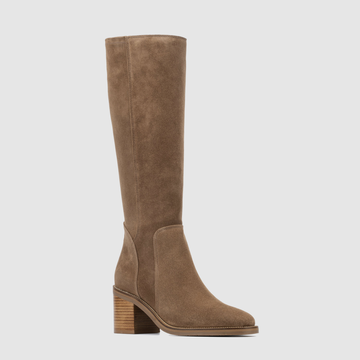 Jasmina knee high boot in champagne suede with a stacked heel, alternate view