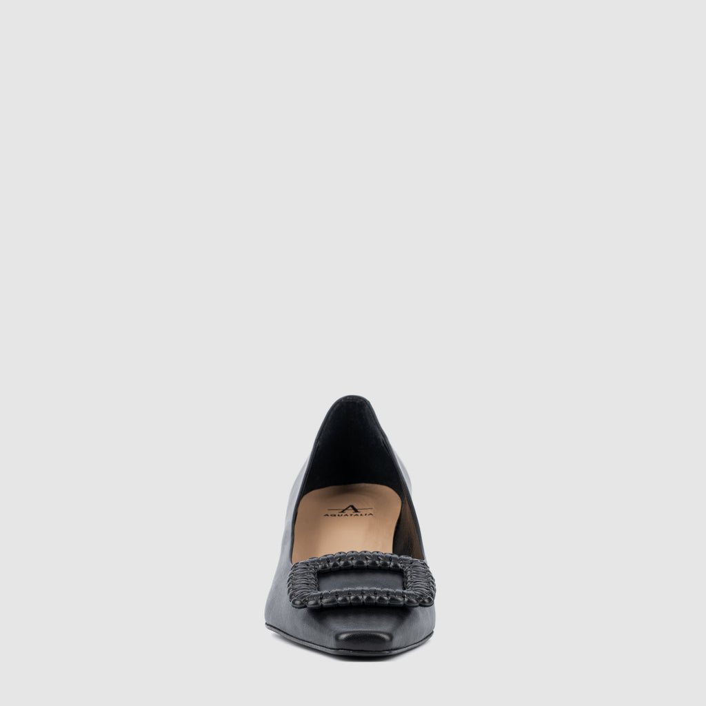 Aurelia pump in black nappa leather with a woven square accent, alternate view