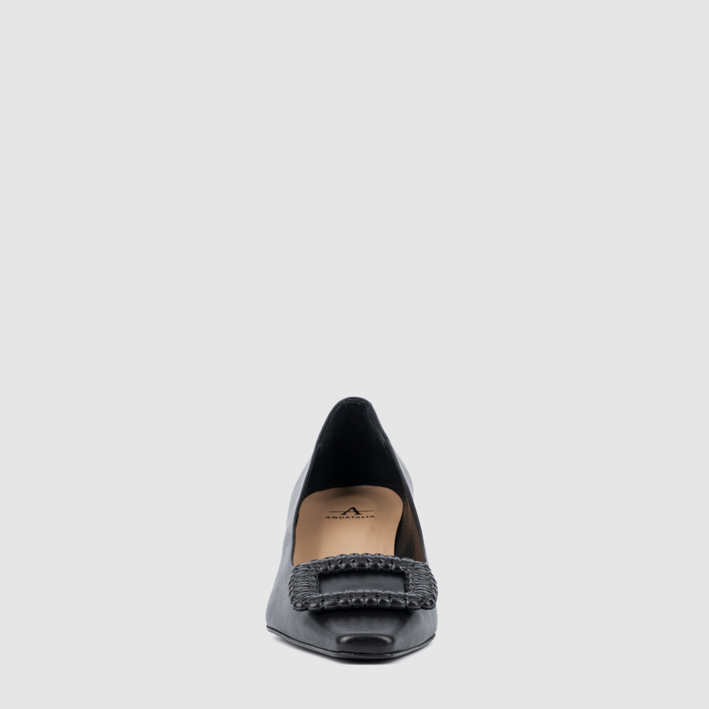 Aurelia pump in black nappa leather with a woven square accent, alternate view
