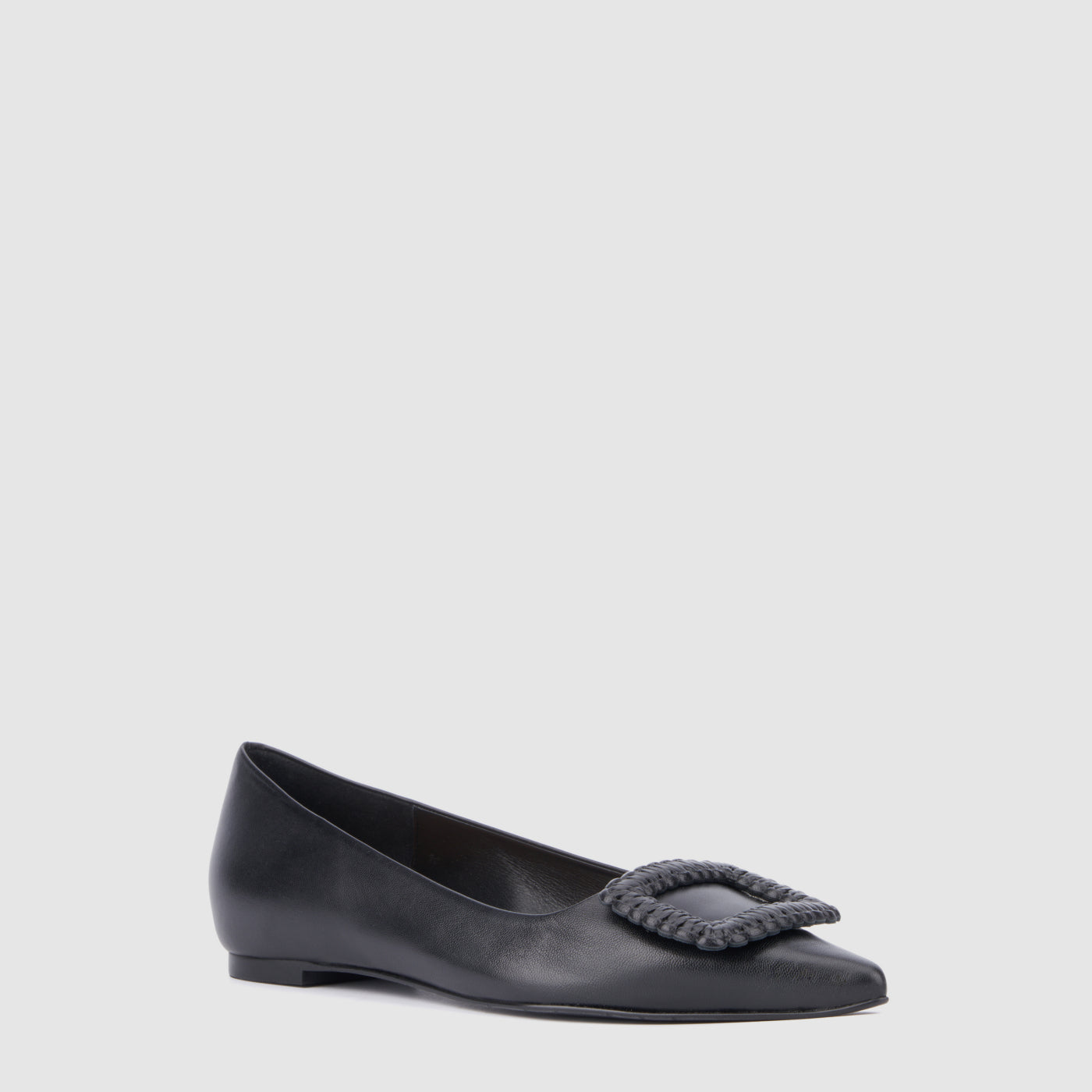 Jena flat in black leather with a woven square detail, alternate view