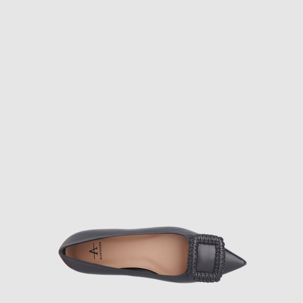Jena flat in black leather with a woven square detail, alternate view