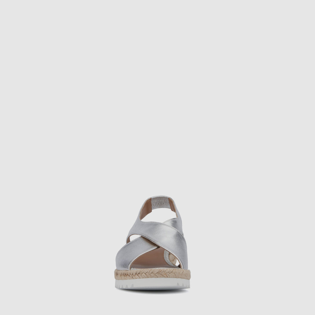Adelina espadrille wedge sandal in silver with crossed straps, alternate view