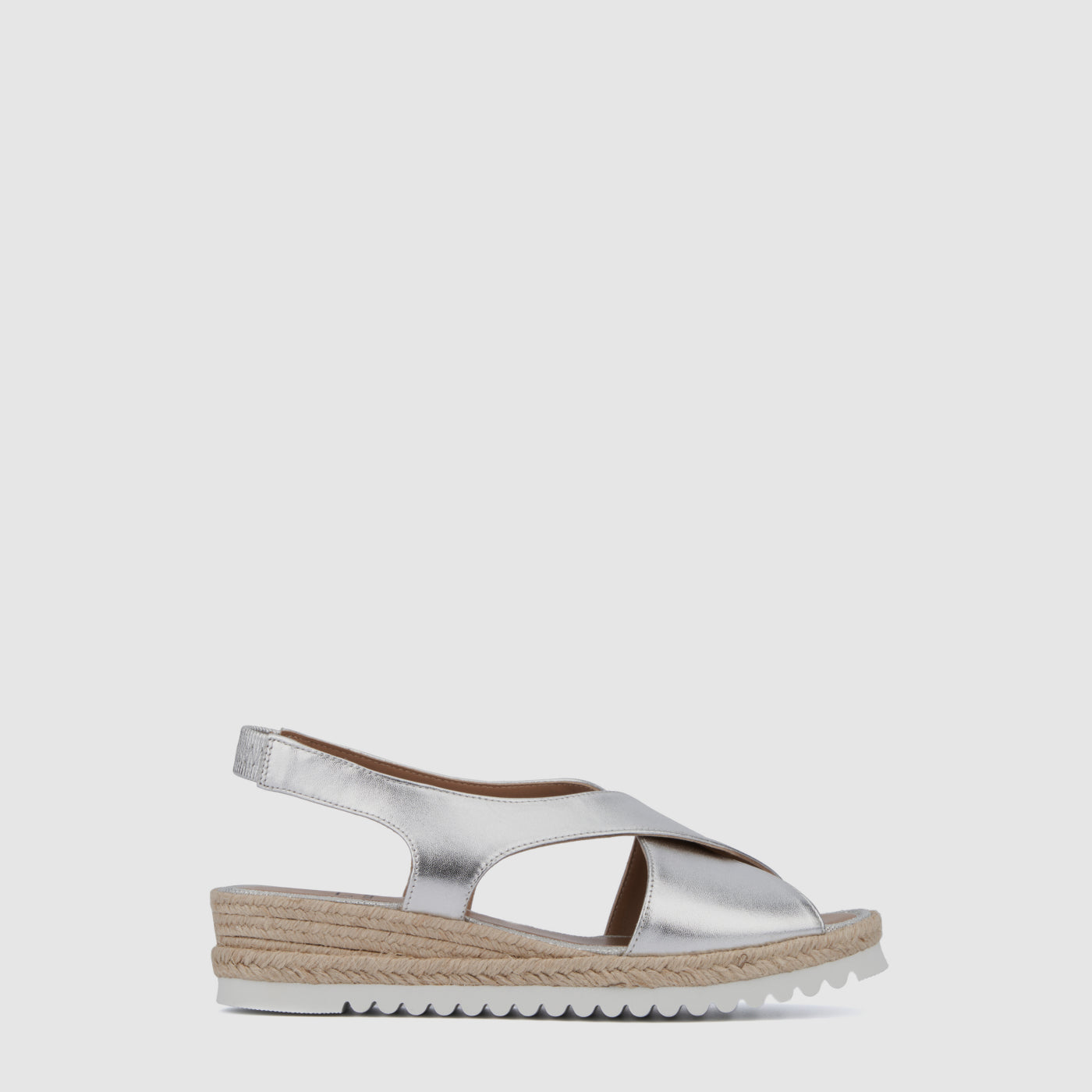 Adelina espadrille wedge sandal in silver with crossed straps