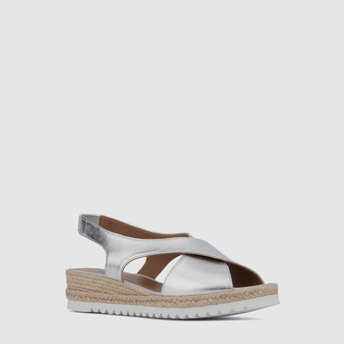Adelina espadrille wedge sandal in silver with crossed straps, alternate view