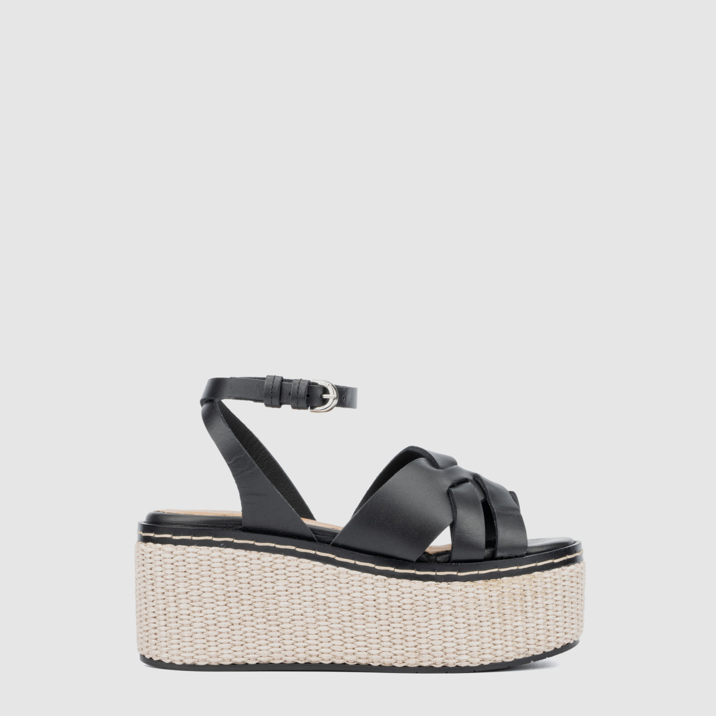 Diana platform sandal in black woven calf leather with a buckle
