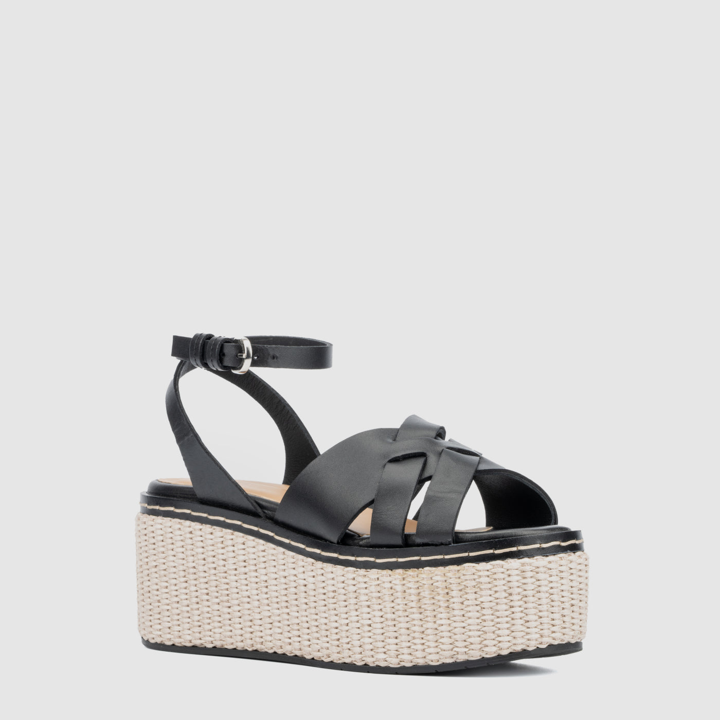 Diana platform sandal in black woven calf leather with a buckle, alternate view