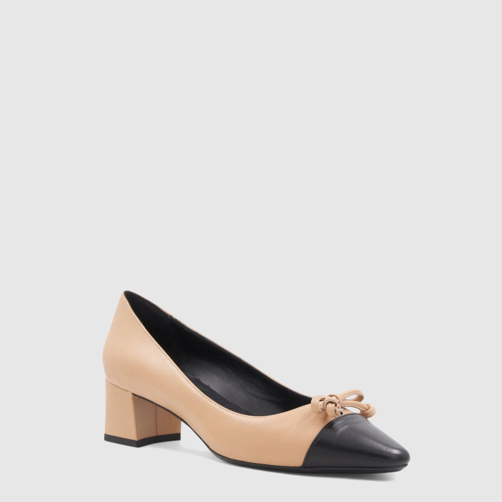 Palica pump in almond black leather with a bow at the cap toe, alternate view