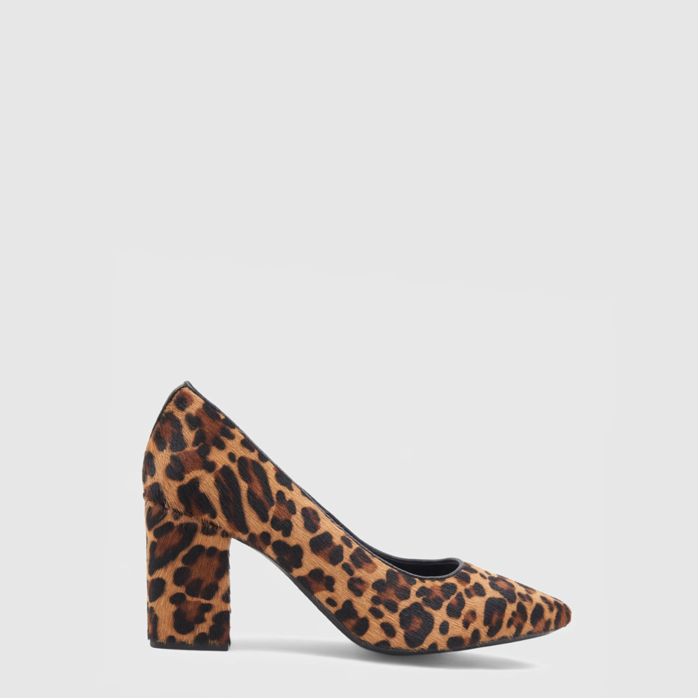 Peony pump in leopard haircalf with a covered heel