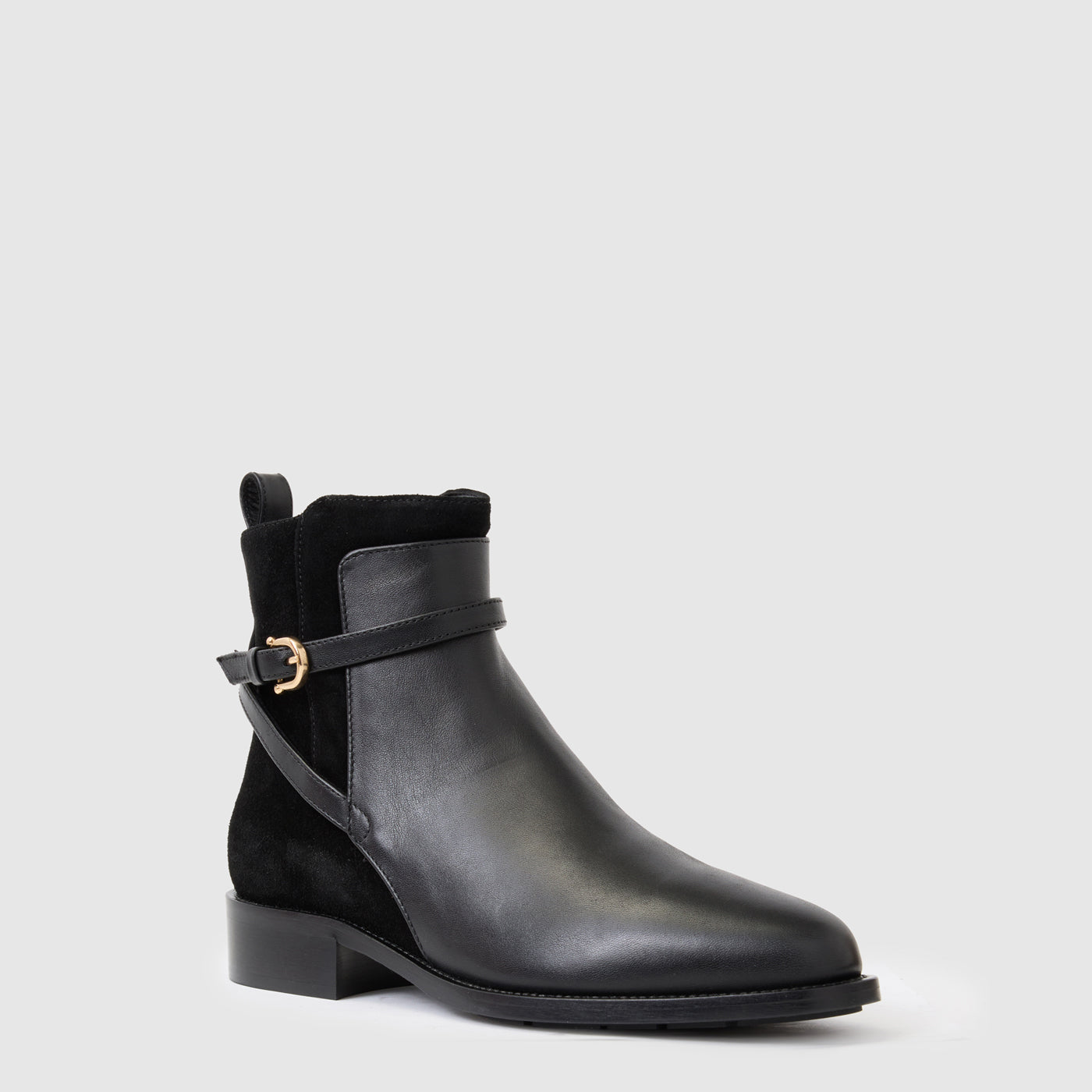 Nettie ankle boot in black leather with a criss-cross buckle, alternate view