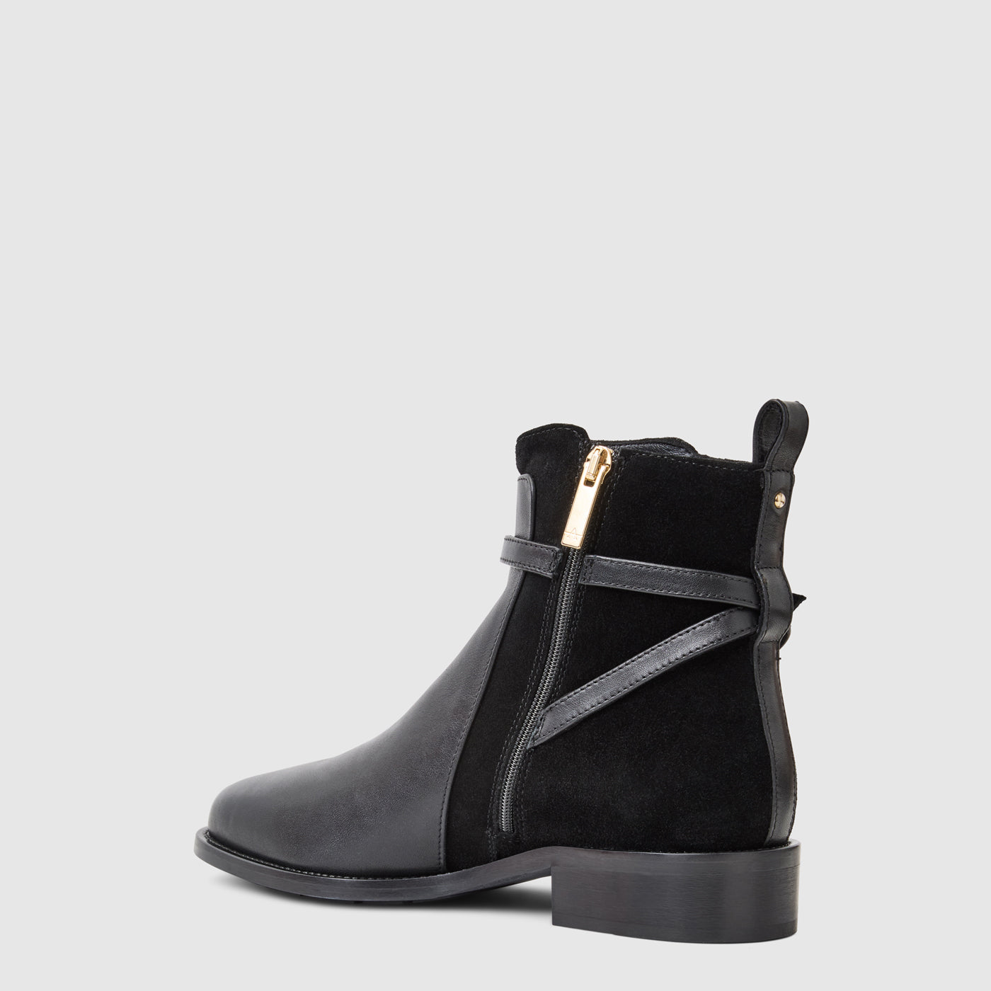 Nettie ankle boot in black leather with a criss-cross buckle, alternate view